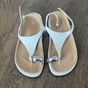 Zara White Leather T-Strap Slingback Sandals with Silver Toe Accent